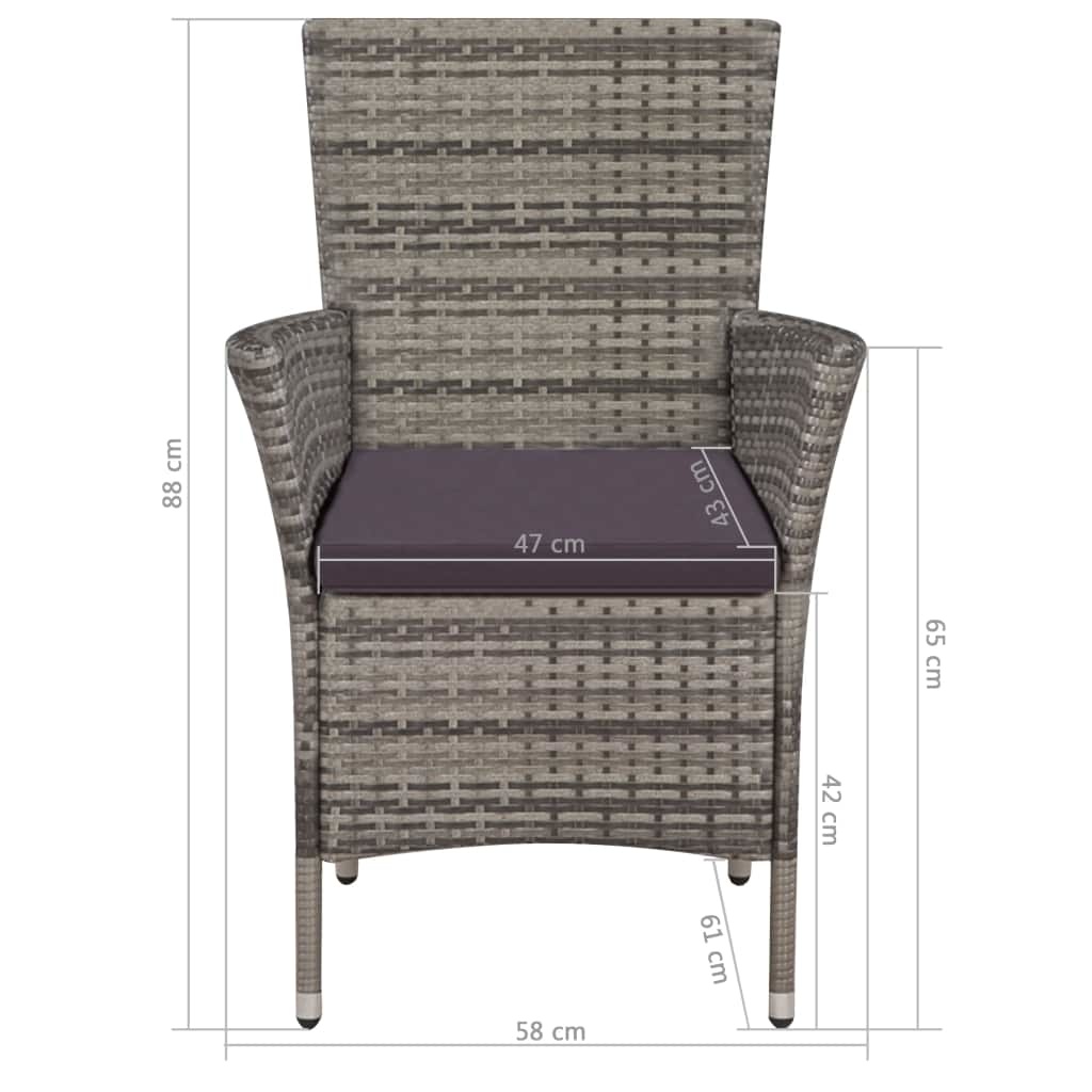 VidaXL Tuinstoel en kruk met kussens poly rattan grijs