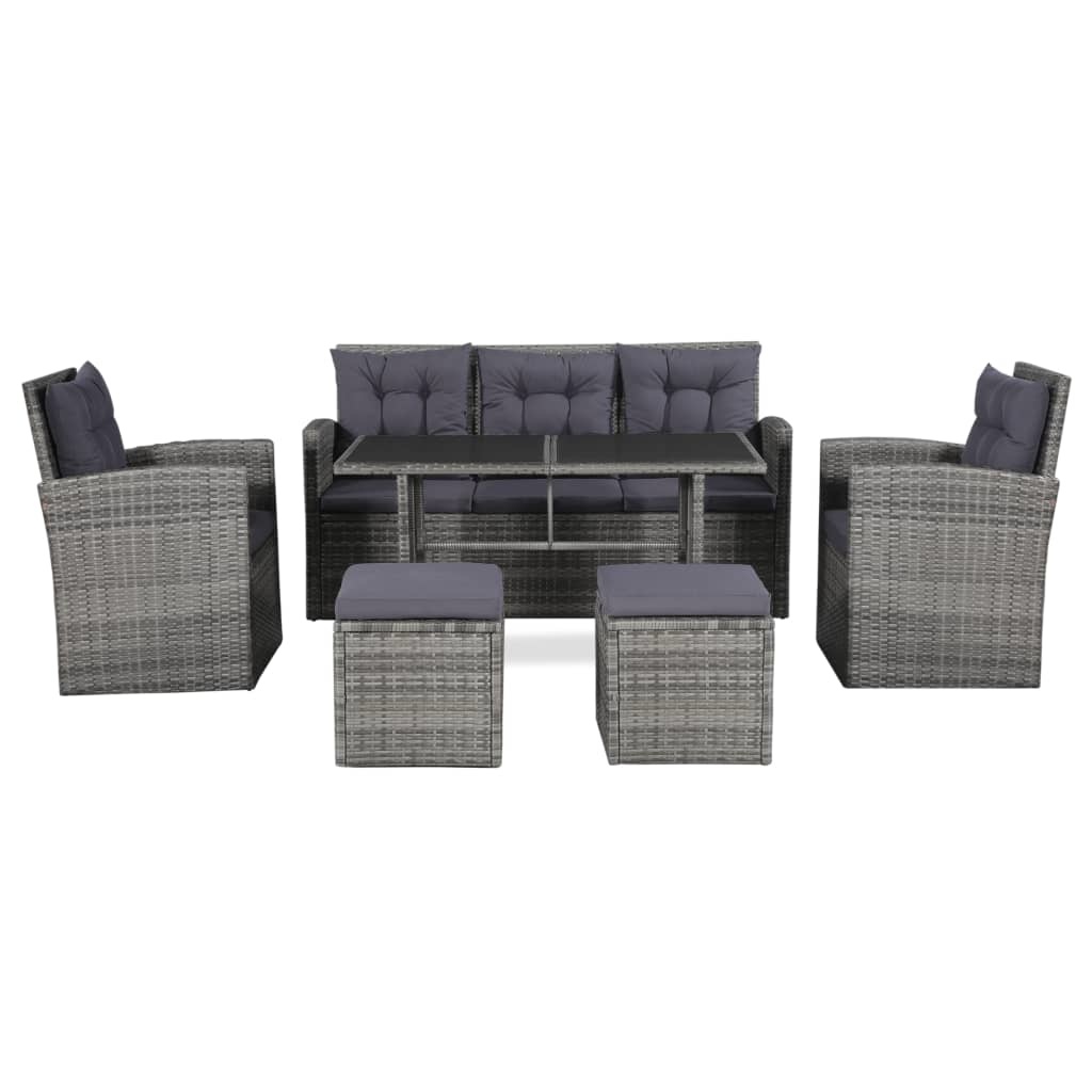 vidaXL 6-delige Loungeset met kussens poly rattan grijs