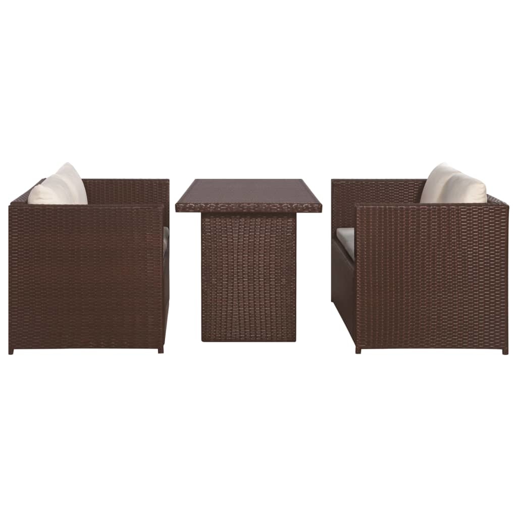 vidaXL 3-delige Bistroset met kussens poly rattan bruin