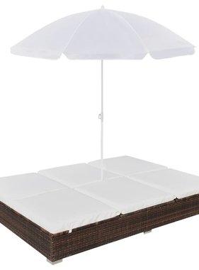 vidaXL Loungebed met parasol poly rattan bruin