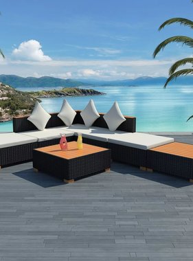 vidaXL 7-delige Loungeset met kussens poly rattan zwart