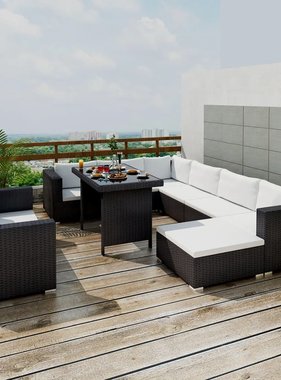 vidaXL 10-delige Loungeset met kussens poly rattan zwart