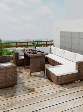 vidaXL 10-delige Loungeset met kussens poly rattan bruin