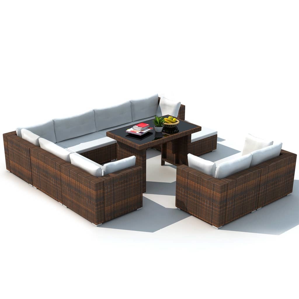 vidaXL 10-delige Loungeset met kussens poly rattan bruin