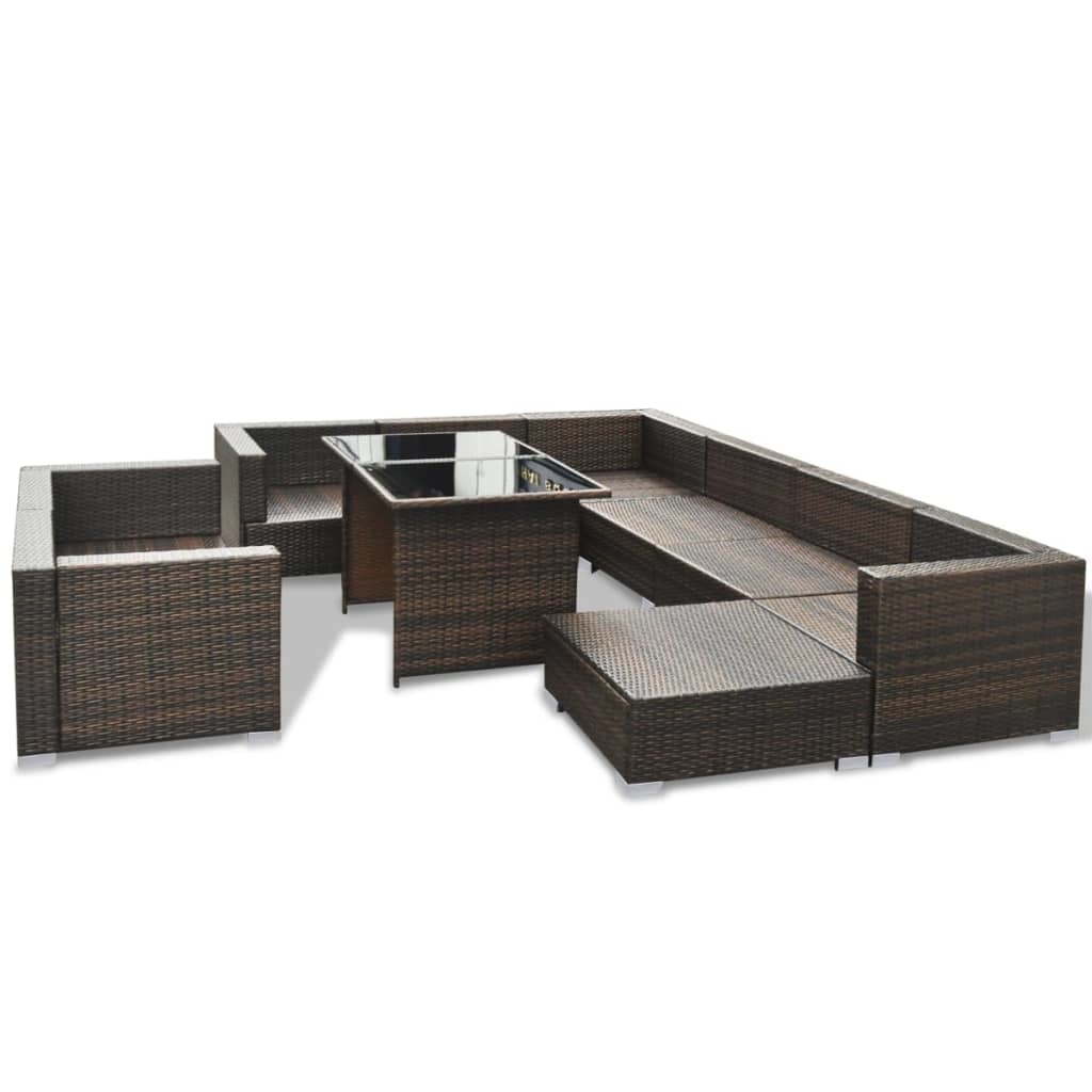 vidaXL 10-delige Loungeset met kussens poly rattan bruin