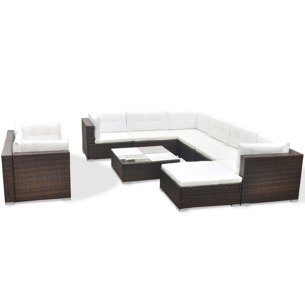 vidaXL 10-delige Loungeset met kussens poly rattan bruin