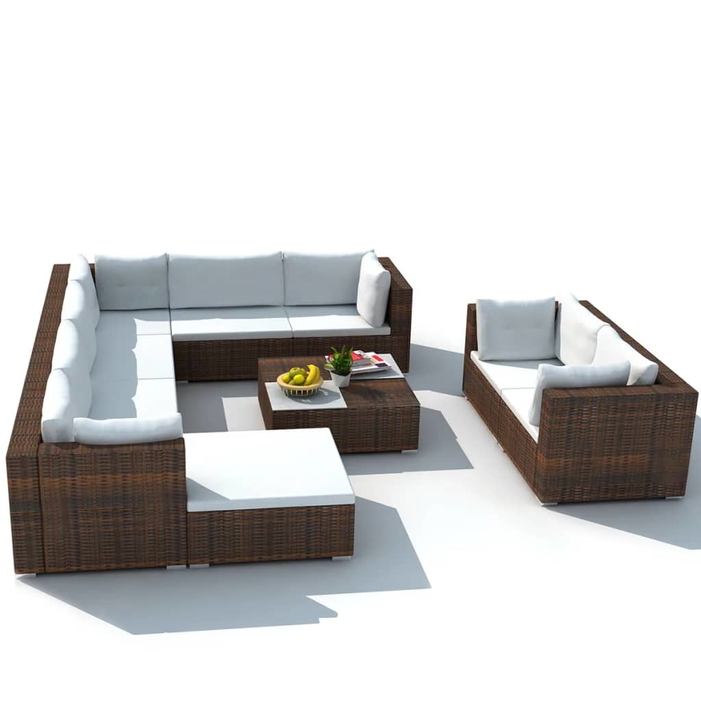 vidaXL 10-delige Loungeset met kussens poly rattan bruin