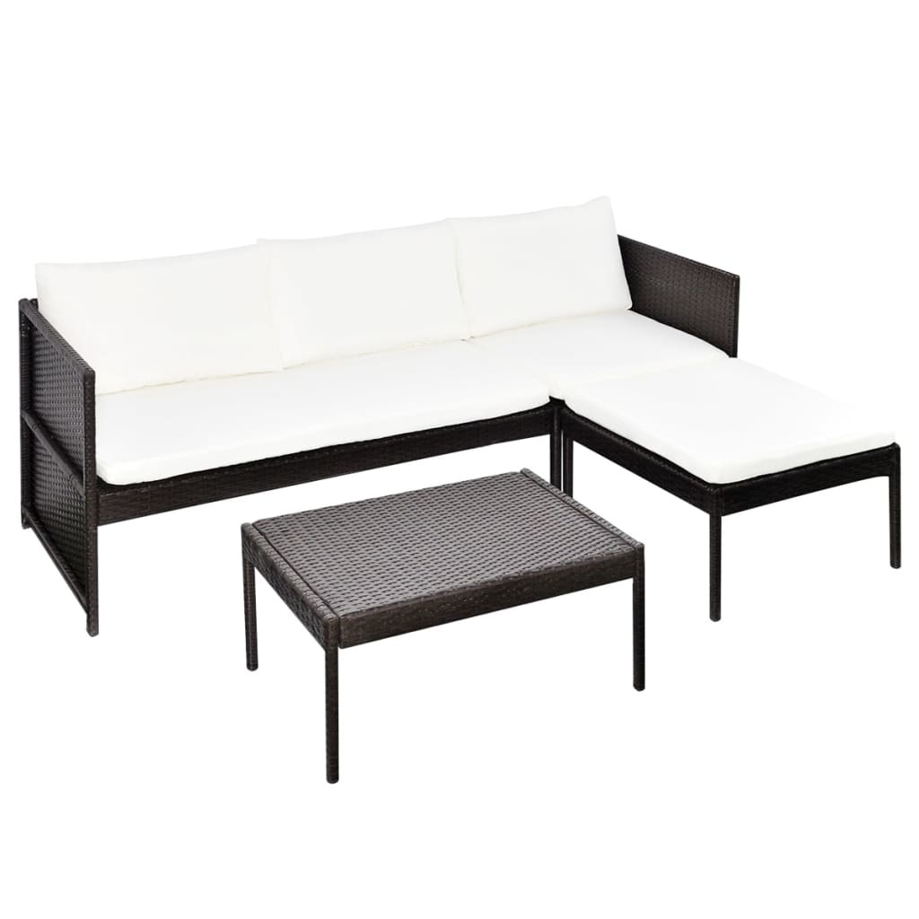 vidaXL 3-delige Loungeset met kussens poly rattan bruin