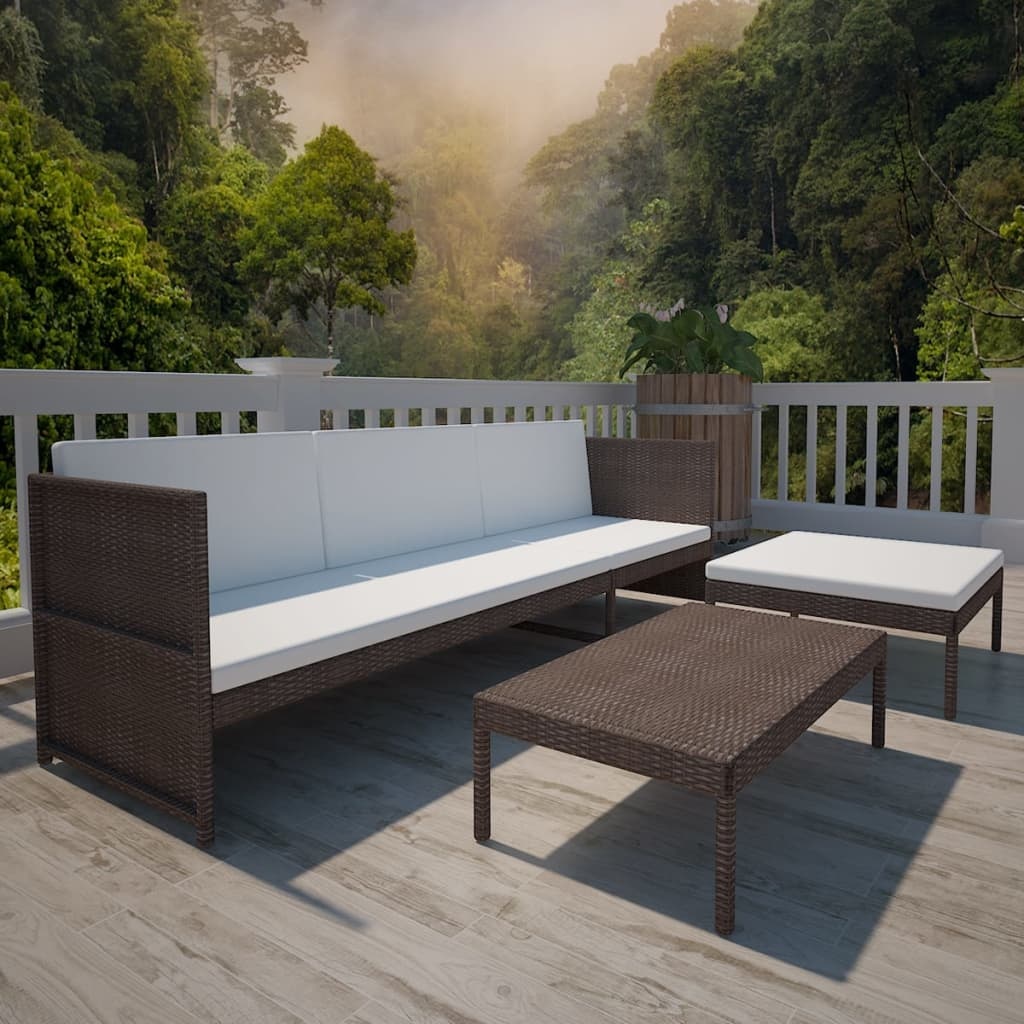 vidaXL 3-delige Loungeset met kussens poly rattan bruin