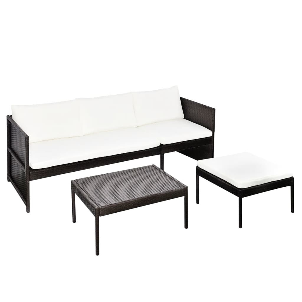 vidaXL 3-delige Loungeset met kussens poly rattan bruin