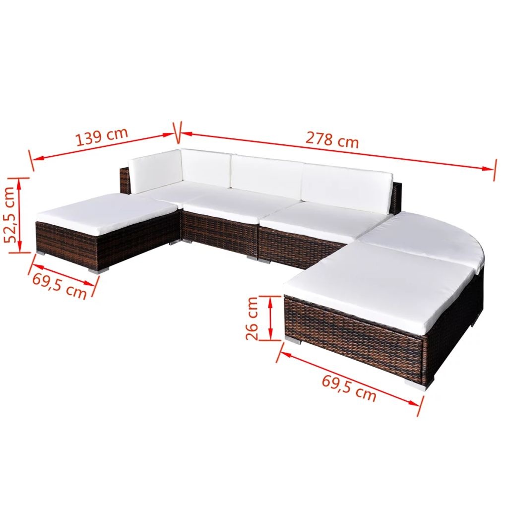VidaXL 6-delige Loungeset met kussens poly rattan bruin