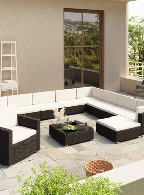 vidaXL 12-delige Loungeset met kussens poly rattan zwart