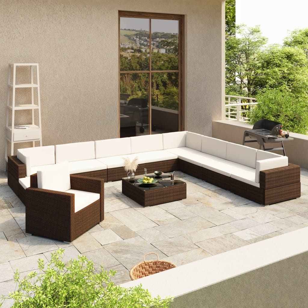 vidaXL 12-delige Loungeset met kussens poly rattan bruin