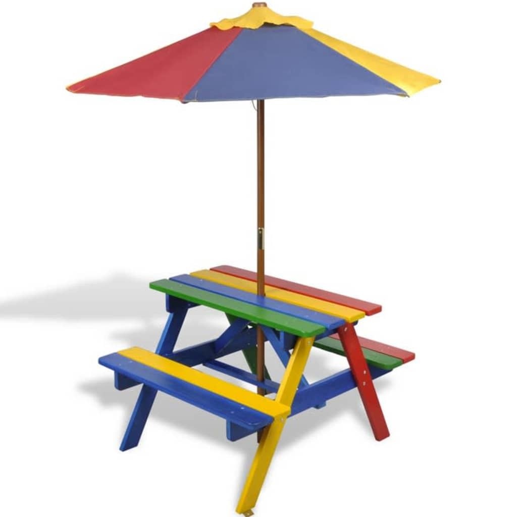 vidaXL Kinderpicknicktafel met banken en parasol hout meerkleurig