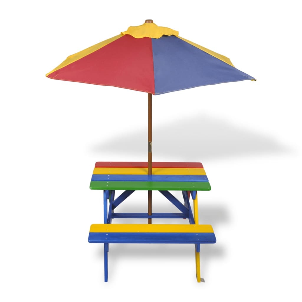 vidaXL Kinderpicknicktafel met banken en parasol hout meerkleurig