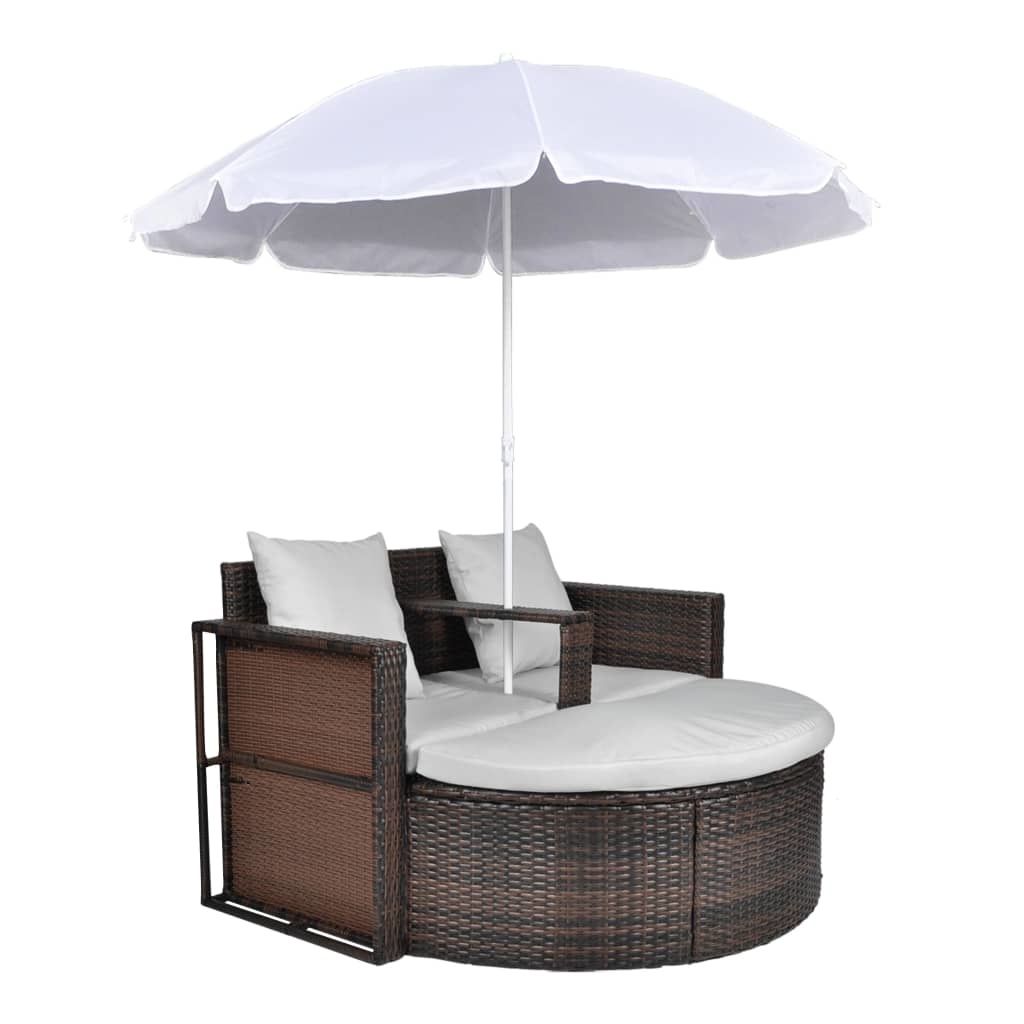 vidaXL Tuinbed met parasol poly rattan bruin