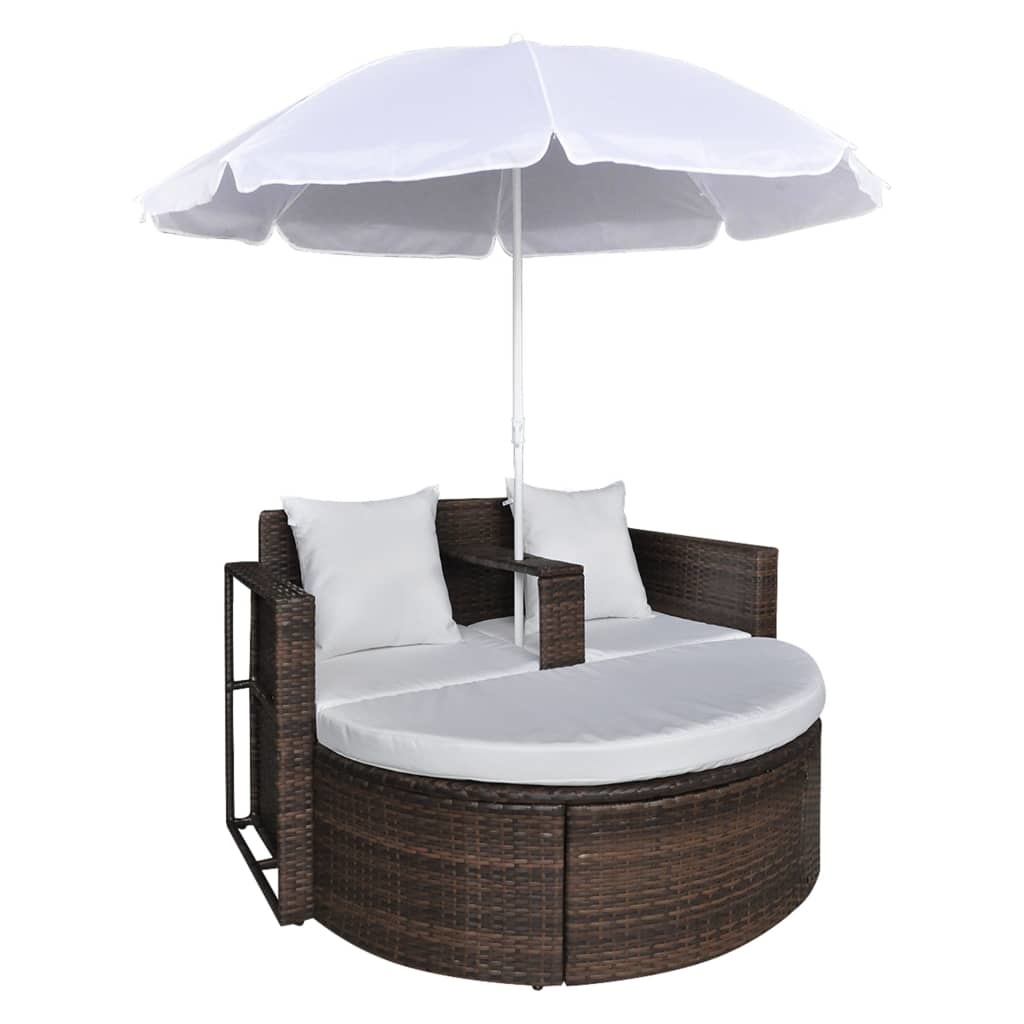 vidaXL Tuinbed met parasol poly rattan bruin