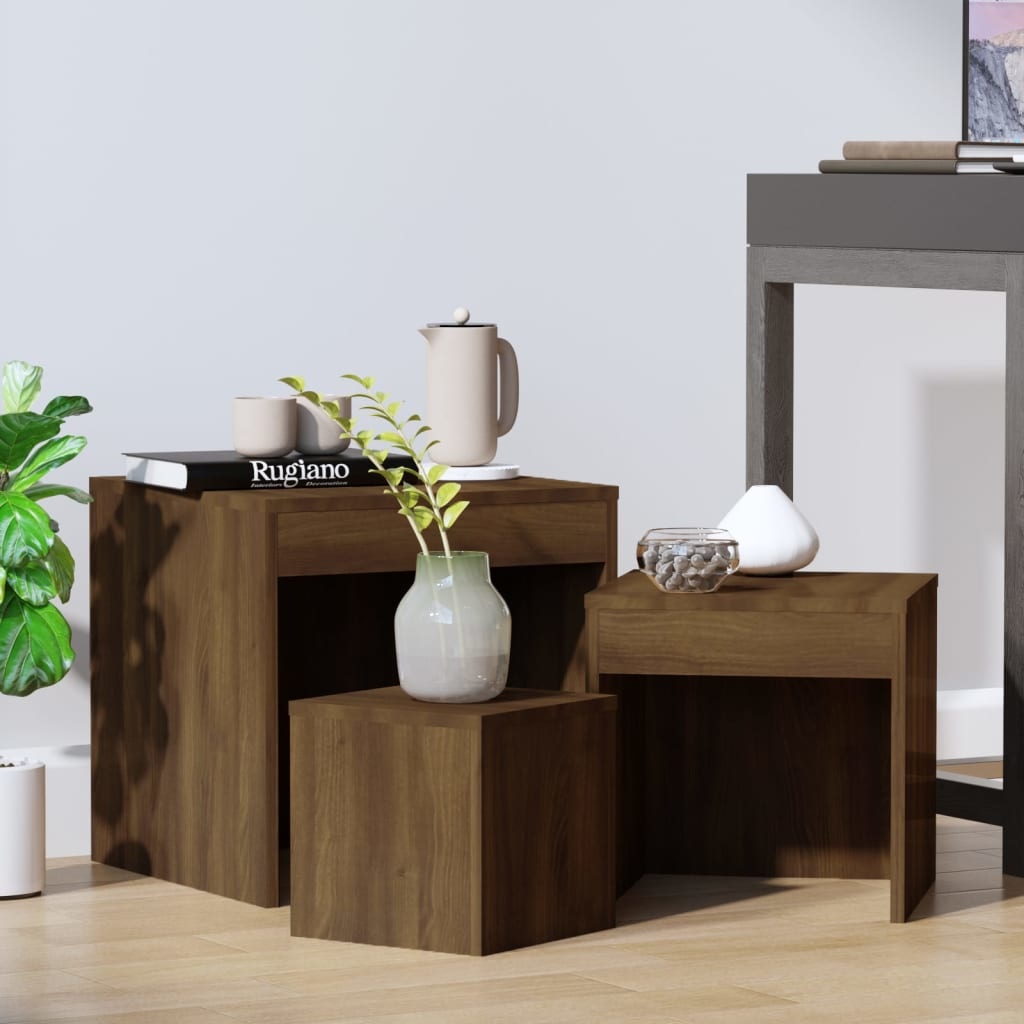 VidaXL 3-delige Tafeltjesset bewerkt hout bruineikenkleurig