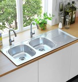 VidaXL Gootsteen dubbele bak met afvoer en zwanenhals roestvrij staal