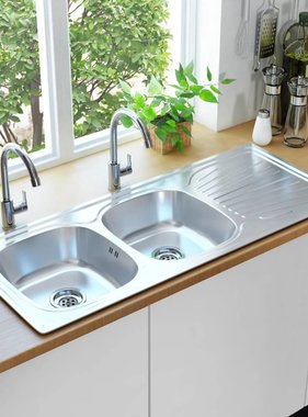 VidaXL Gootsteen dubbele bak met afvoer en zwanenhals roestvrij staal