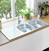 VidaXL Gootsteen dubbele bak met afvoer en zwanenhals roestvrij staal