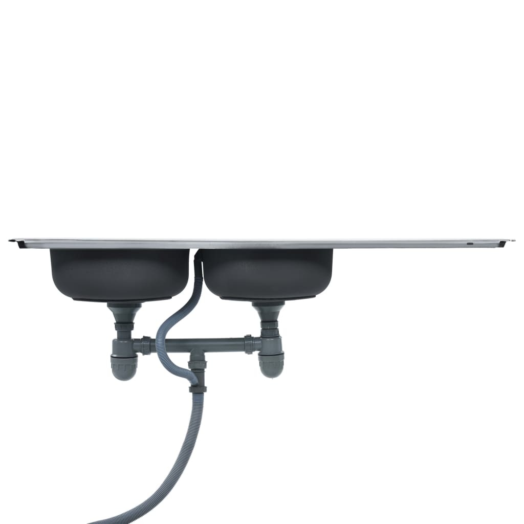 VidaXL Gootsteen dubbele bak met afvoer en zwanenhals roestvrij staal