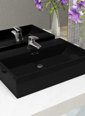 VidaXL Wastafel met kraangat 60,5x42,5x14,5 cm keramiek zwart