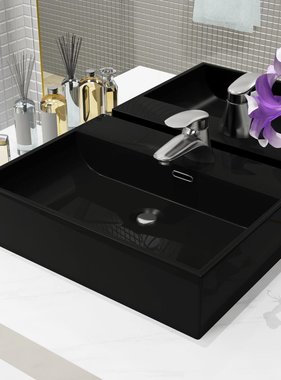VidaXL Wastafel met kraangat 51,5x38,5x15 cm keramiek zwart