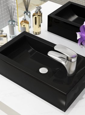 VidaXL Wastafel met kraangat rechthoekig 46x25,5x12 cm keramiek zwart
