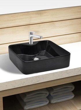 VidaXL Wastafel met kraangat zwart vierkant keramiek