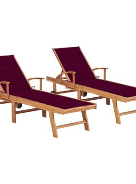 VidaXL Ligbedden 2 st met wijnrode kussens massief teakhout