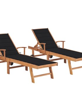 VidaXL Ligbedden 2 st met zwarte kussens massief teakhout