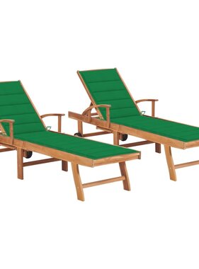 VidaXL Ligbedden 2 st met groene kussens massief teakhout