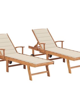 VidaXL Ligbedden 2 st met crèmekleurige kussens massief teakhout