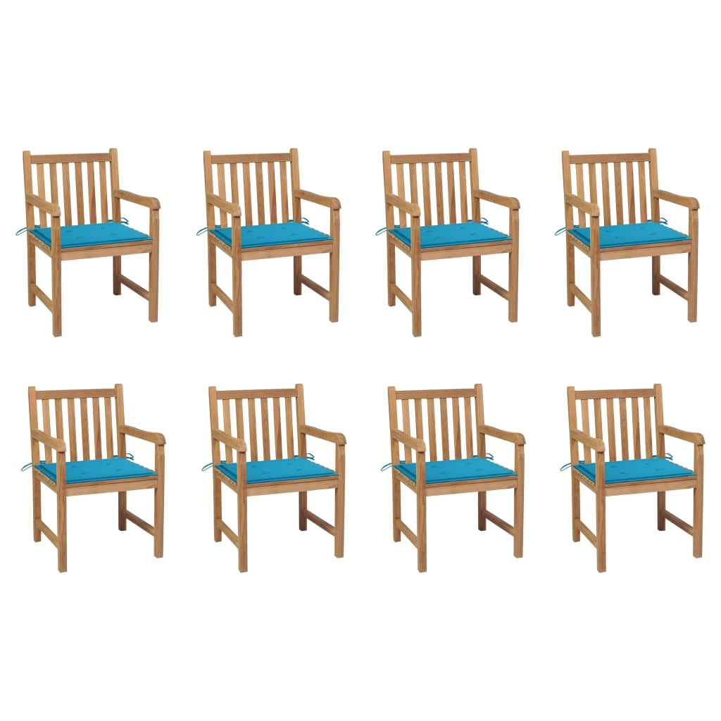 VidaXL Tuinstoelen 8 st met blauwe kussens massief teakhout