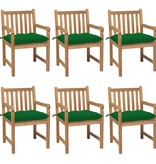 VidaXL Tuinstoelen 6 st met groene kussens massief teakhout