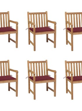 VidaXL Tuinstoelen 6 st met wijnrode kussens massief teakhout