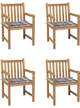VidaXL Tuinstoelen 4 st met grijs geruite kussens massief teakhout