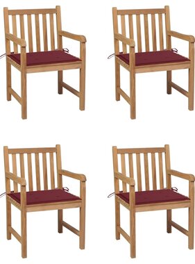 VidaXL Tuinstoelen 4 st met wijnrode kussens massief teakhout