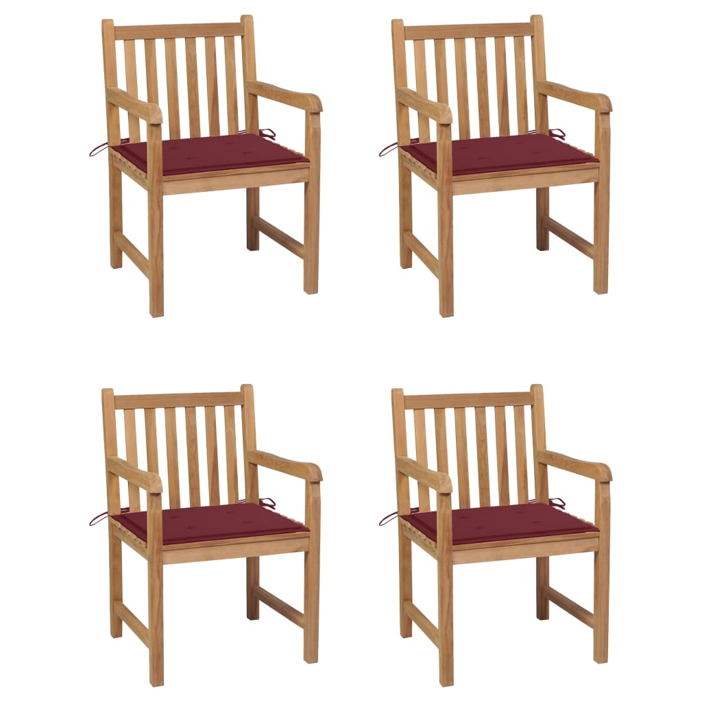 VidaXL Tuinstoelen 4 st met wijnrode kussens massief teakhout