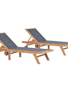 VidaXL Ligbedden 2 st inklapbaar met wielen massief teakhout en textileen
