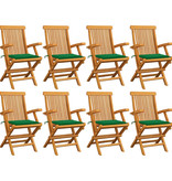VidaXL Tuinstoelen 8 st met groene kussens massief teakhout