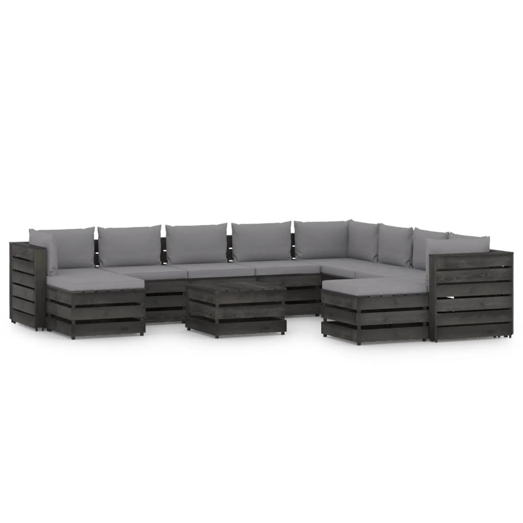 VidaXL 11-delige Loungeset met kussens grijs geïmpregneerd hout