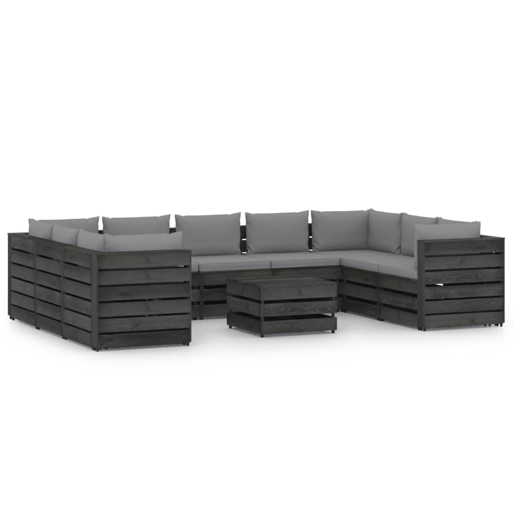 VidaXL 10-delige Loungeset met kussens grijs geïmpregneerd hout