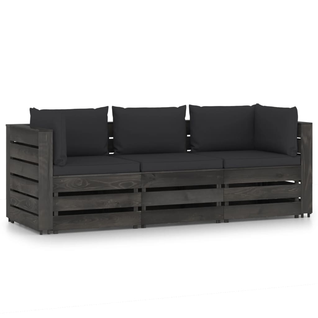 VidaXL Tuinbank 3-zits met kussens grijs geïmpregneerd hout