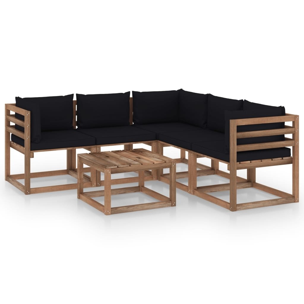 VidaXL 6-delige Loungeset met zwarte kussens geïmpregneerd grenenhout