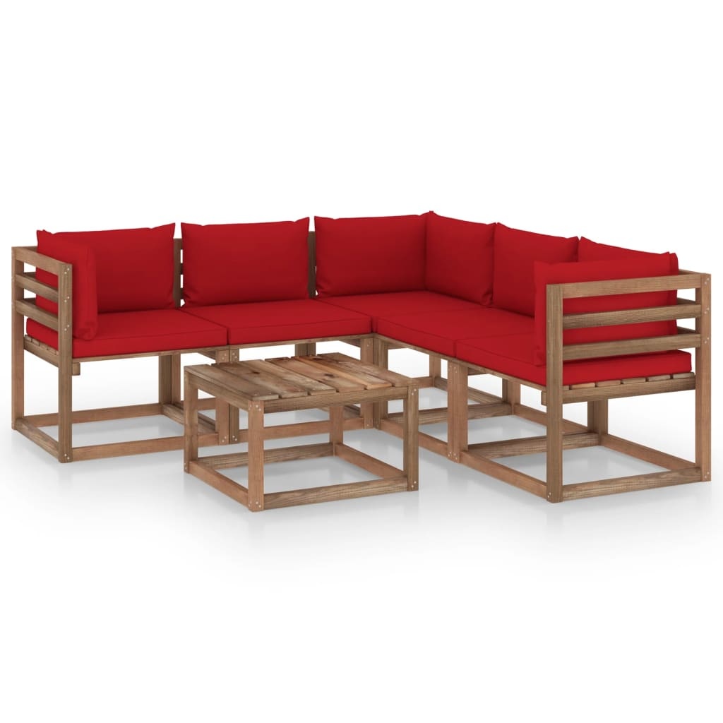 VidaXL 6-delige Loungeset met rode kussens geïmpregneerd grenenhout