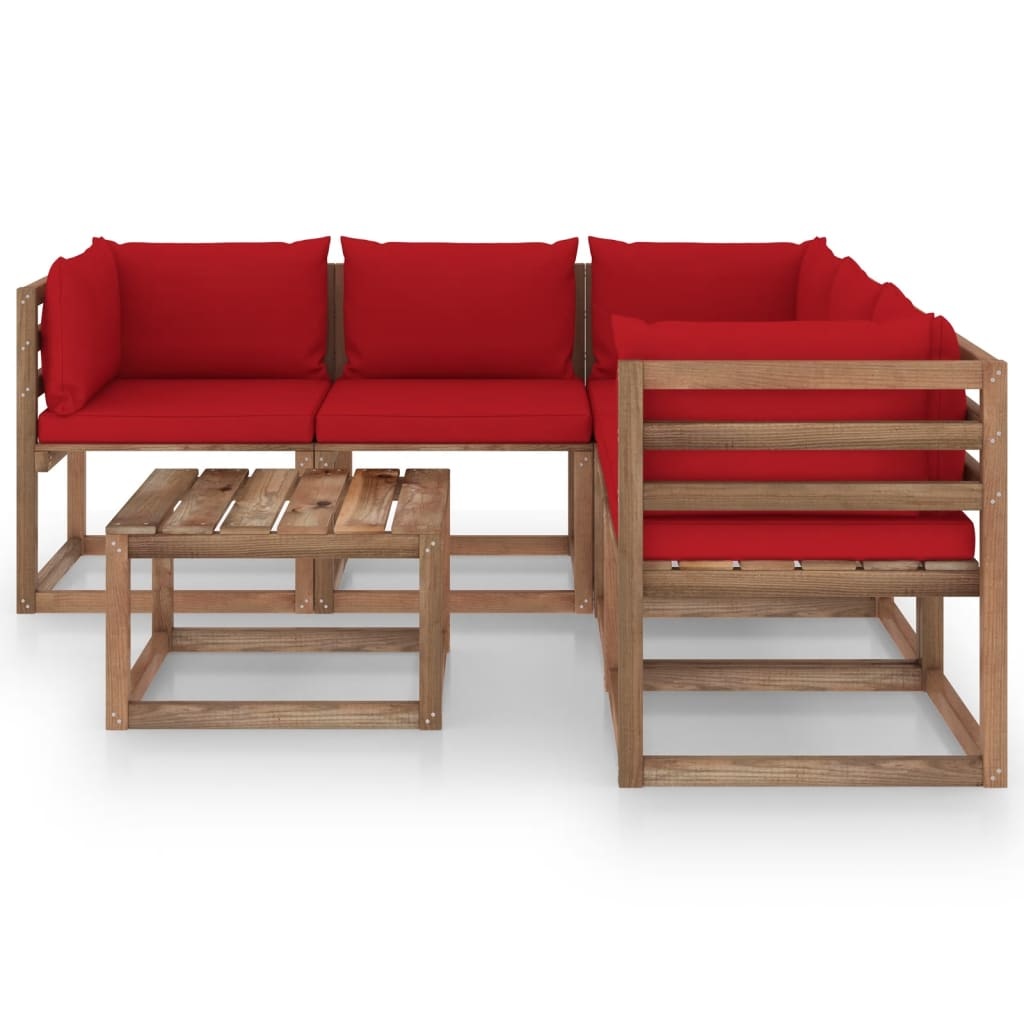 VidaXL 6-delige Loungeset met rode kussens geïmpregneerd grenenhout