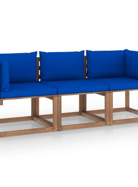 VidaXL Tuinbank 3-zits pallet met blauwe kussens grenenhout