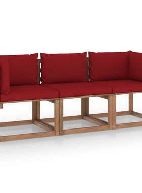 VidaXL Tuinbank 3-zits pallet met wijnrode kussens grenenhout
